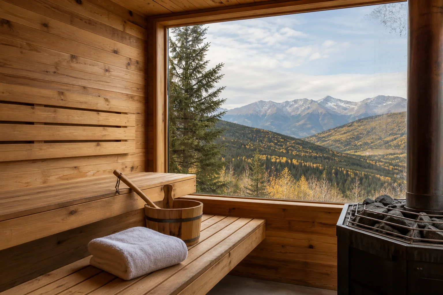 Cedar sauna overlooking the Alberta Rocky Mountains