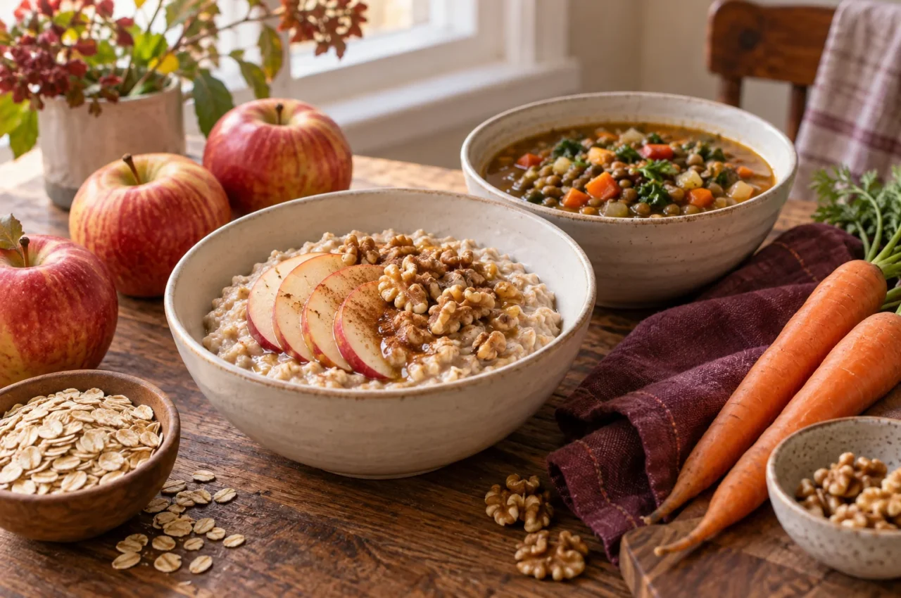 Apple-cinnamon oatmeal with walnuts, lentil vegetable soup, apples and carrots on a wooden table.