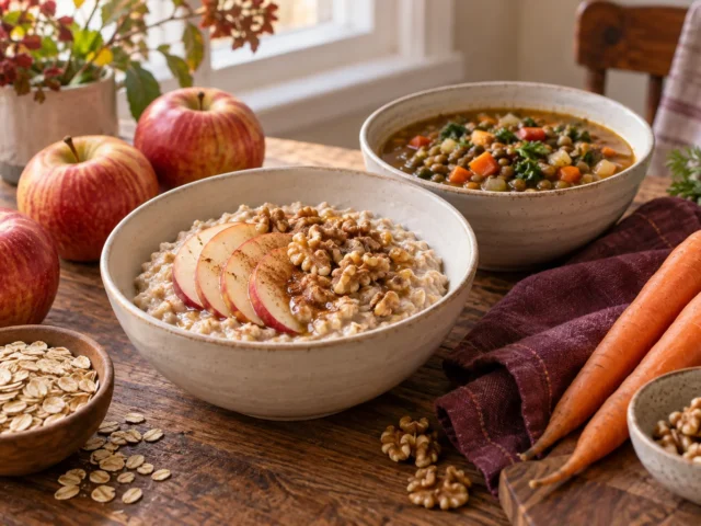 Apple-cinnamon oatmeal with walnuts, lentil vegetable soup, apples and carrots on a wooden table.