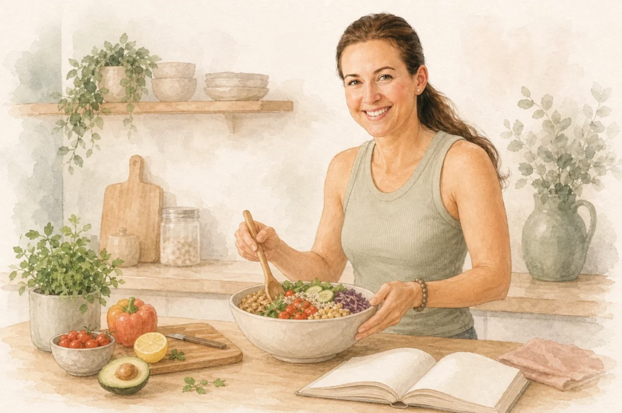 Sarka preparing a colourful meal beside an open cookbook