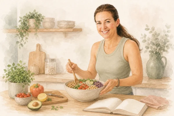 Sarka preparing a colourful meal beside an open cookbook