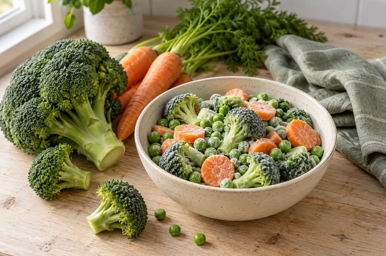 A bowl of frozen broccoli, peas and carrots beside fresh broccoli and whole carrots on a kitchen counter.