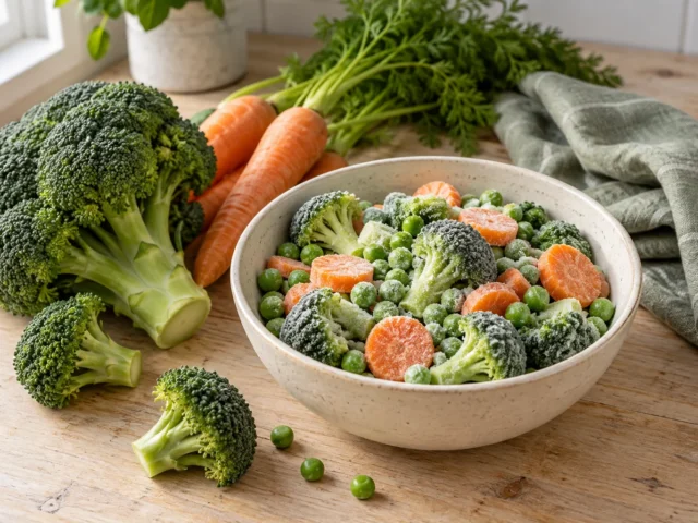 A bowl of frozen broccoli, peas and carrots beside fresh broccoli and whole carrots on a kitchen counter.