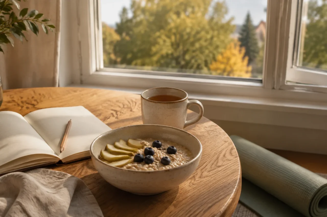 A bowl of oats with pear and blueberries, tea, an open journal and a rolled yoga mat beside a sunlit window.