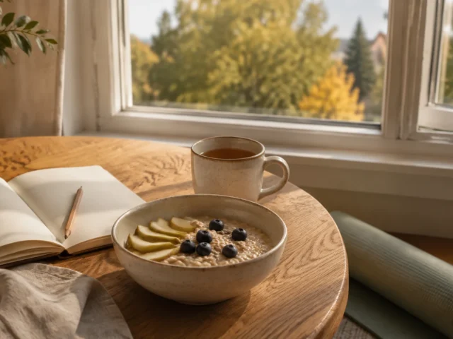 A bowl of oats with pear and blueberries, tea, an open journal and a rolled yoga mat beside a sunlit window.