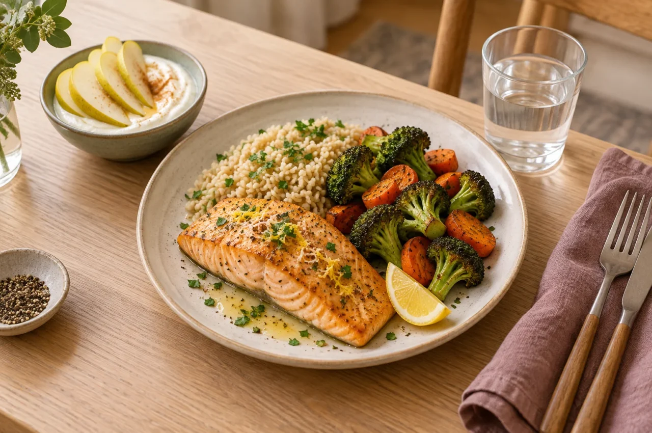 Salmon, whole grains, roasted broccoli and carrots, with pear and yogurt beside the plate.