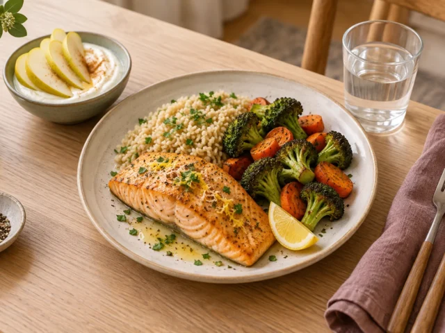 Salmon, whole grains, roasted broccoli and carrots, with pear and yogurt beside the plate.