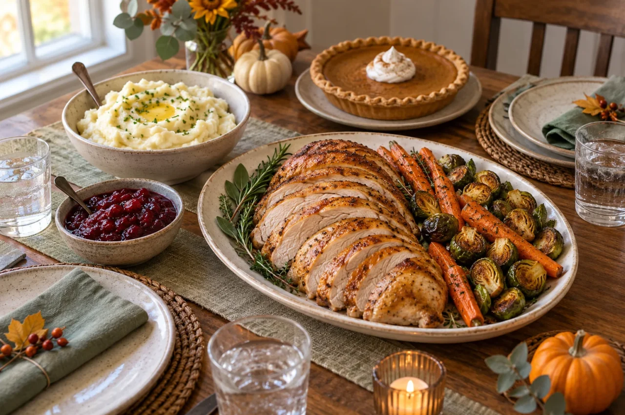 Sliced turkey, roasted vegetables, mashed potatoes, cranberry sauce and pumpkin pie on an autumn table.