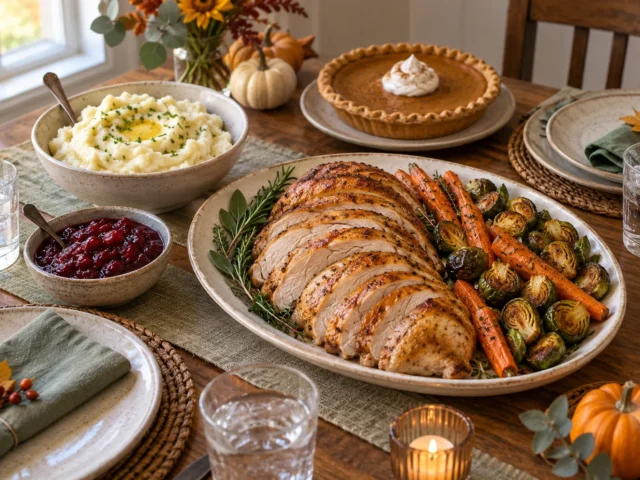 Sliced turkey, roasted vegetables, mashed potatoes, cranberry sauce and pumpkin pie on an autumn table.