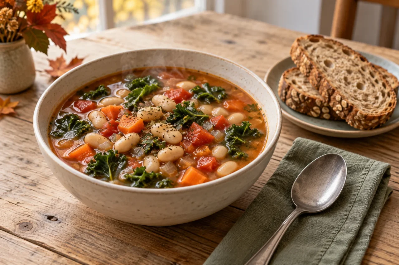 A bowl of white bean, tomato, carrot and kale soup with whole grain bread on a wooden table.