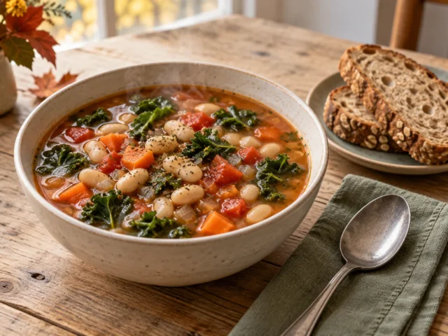 A bowl of white bean, tomato, carrot and kale soup with whole grain bread on a wooden table.