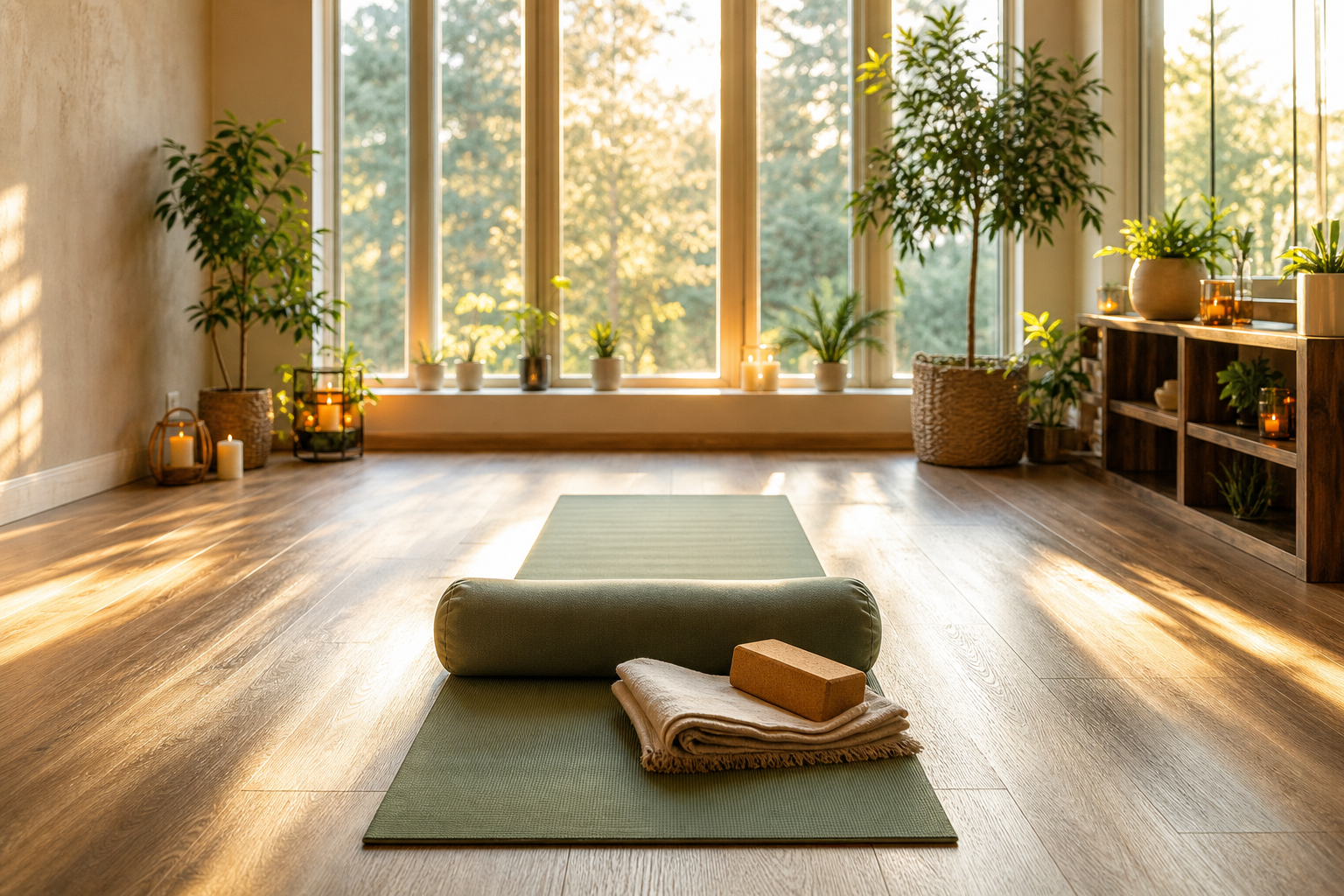 Centered green yoga mat with Yin Yoga props in a warm summer studio